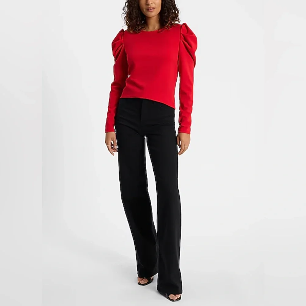 EXPRESS Crew Neck Puff Long Sleeve Tee SMALL Lipstick Red Blouse Top - Picture 3 of 13